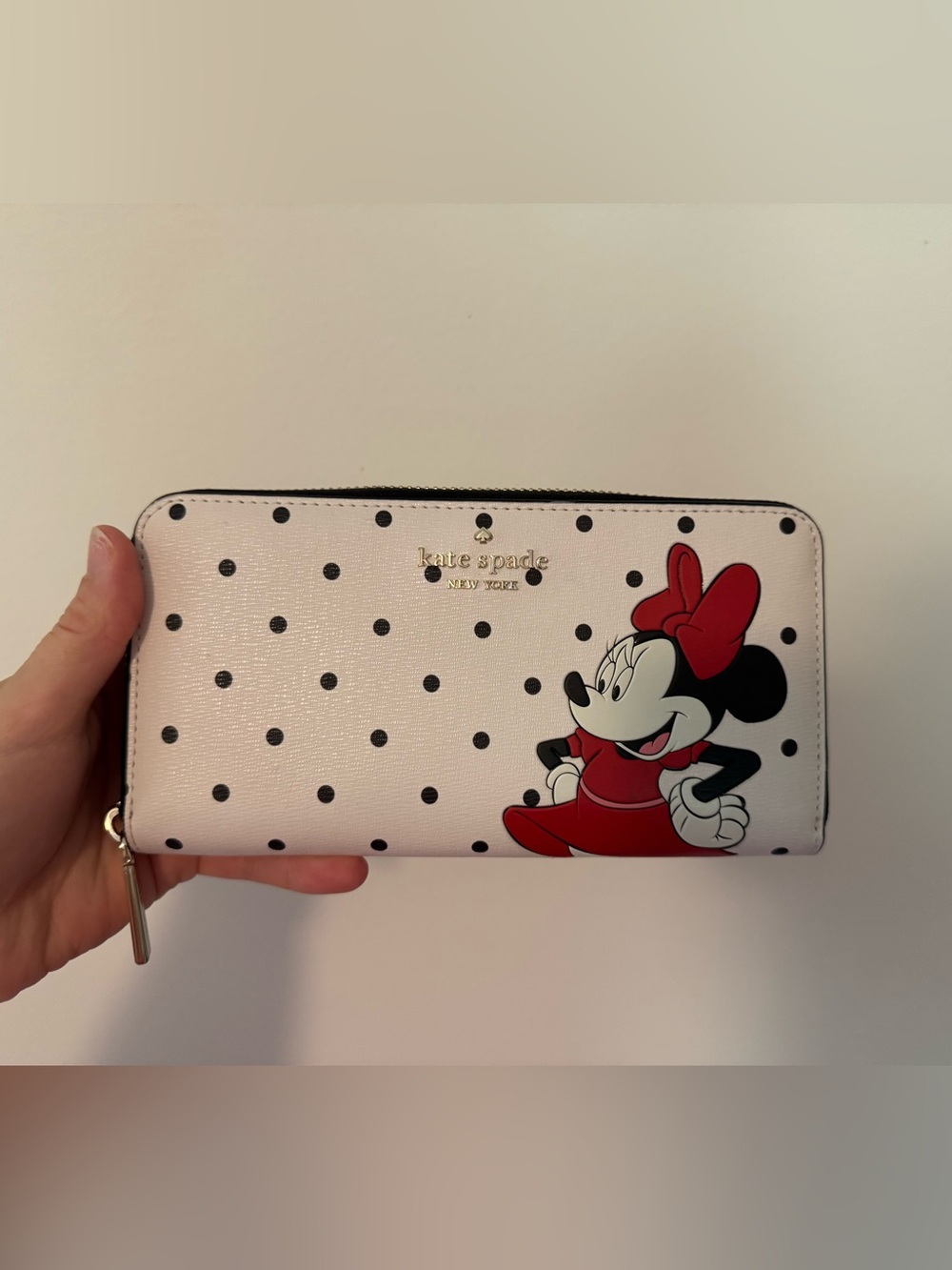 kate spade White Polka Dot Zip Wallet with Gold Logo